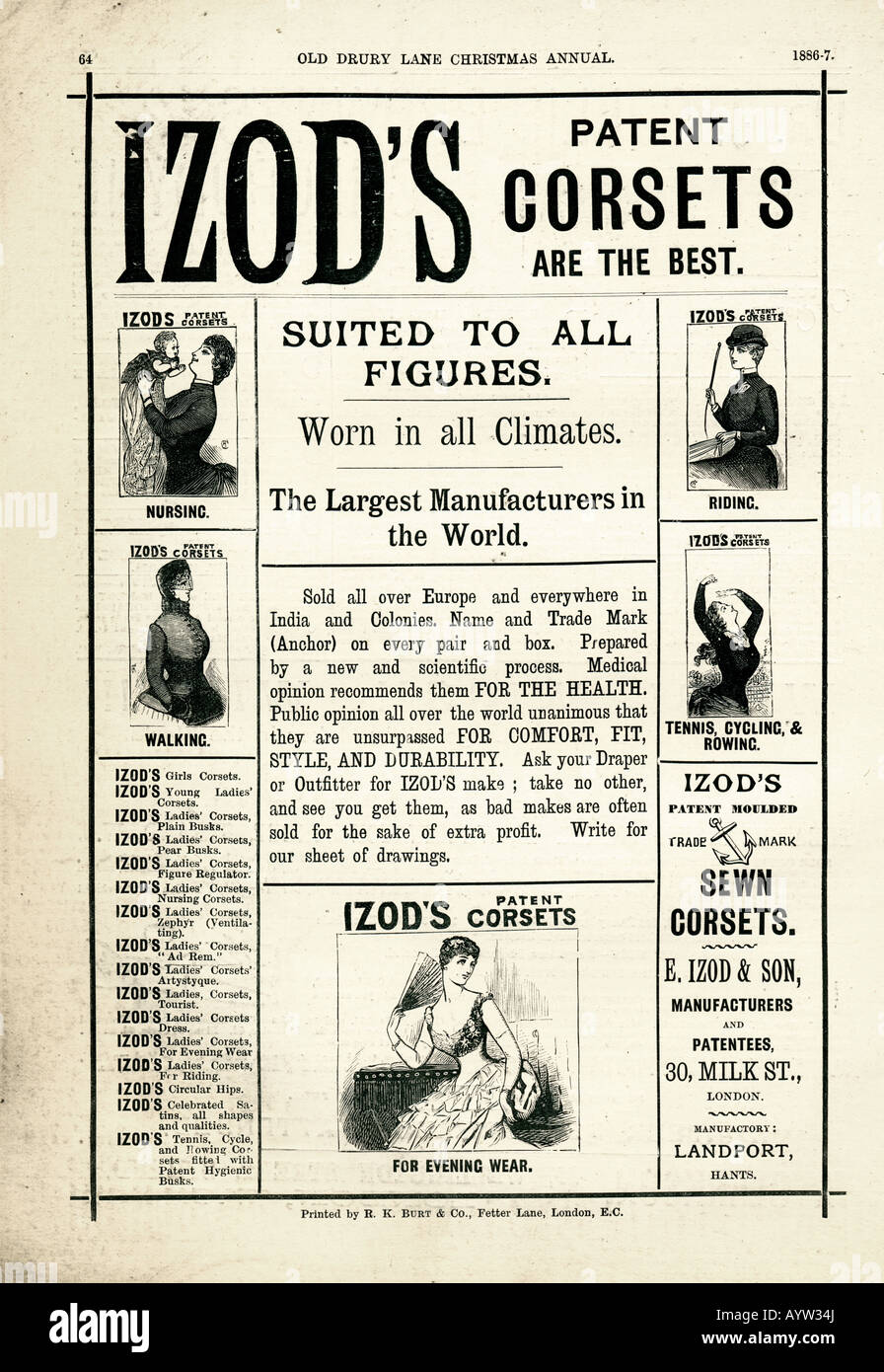 Viktorianische Werbung 1886 für Izod Patent Korsetts für Frauen nur redaktionelle Nutzung Stockfoto