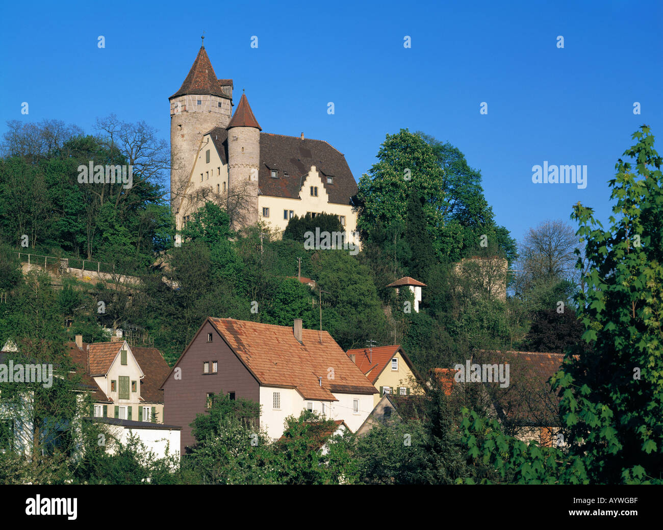 Goetzenburg schlug der Stadt Moeckmuehl, Jagst, Hohenlohe, Baden-Württemberg Stockfoto