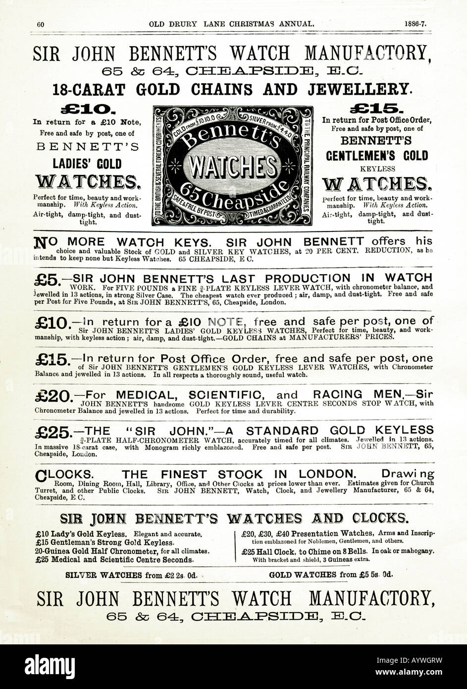 Viktorianische Werbung 1886 für Sir John Bennett Cheapside London Uhren und Uhren für nur zur redaktionellen Nutzung Stockfoto
