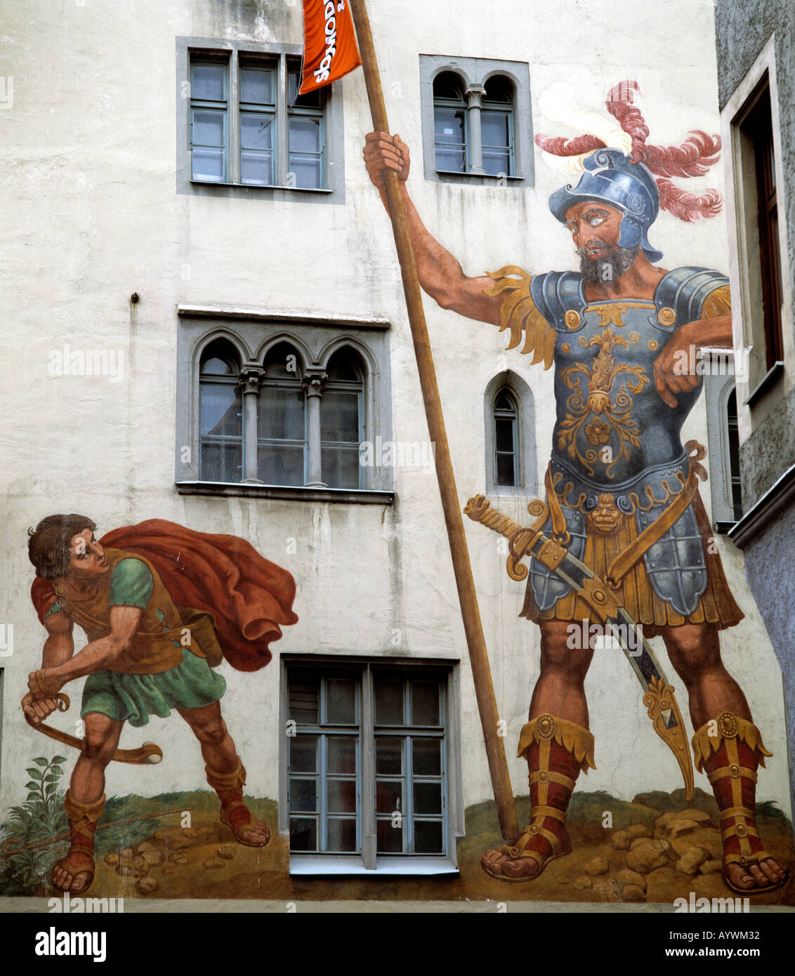 Wandmalerei, Fresko von David Und Goliath bin Goliathhaus in Regensburg, Donau, Bayern Stockfoto