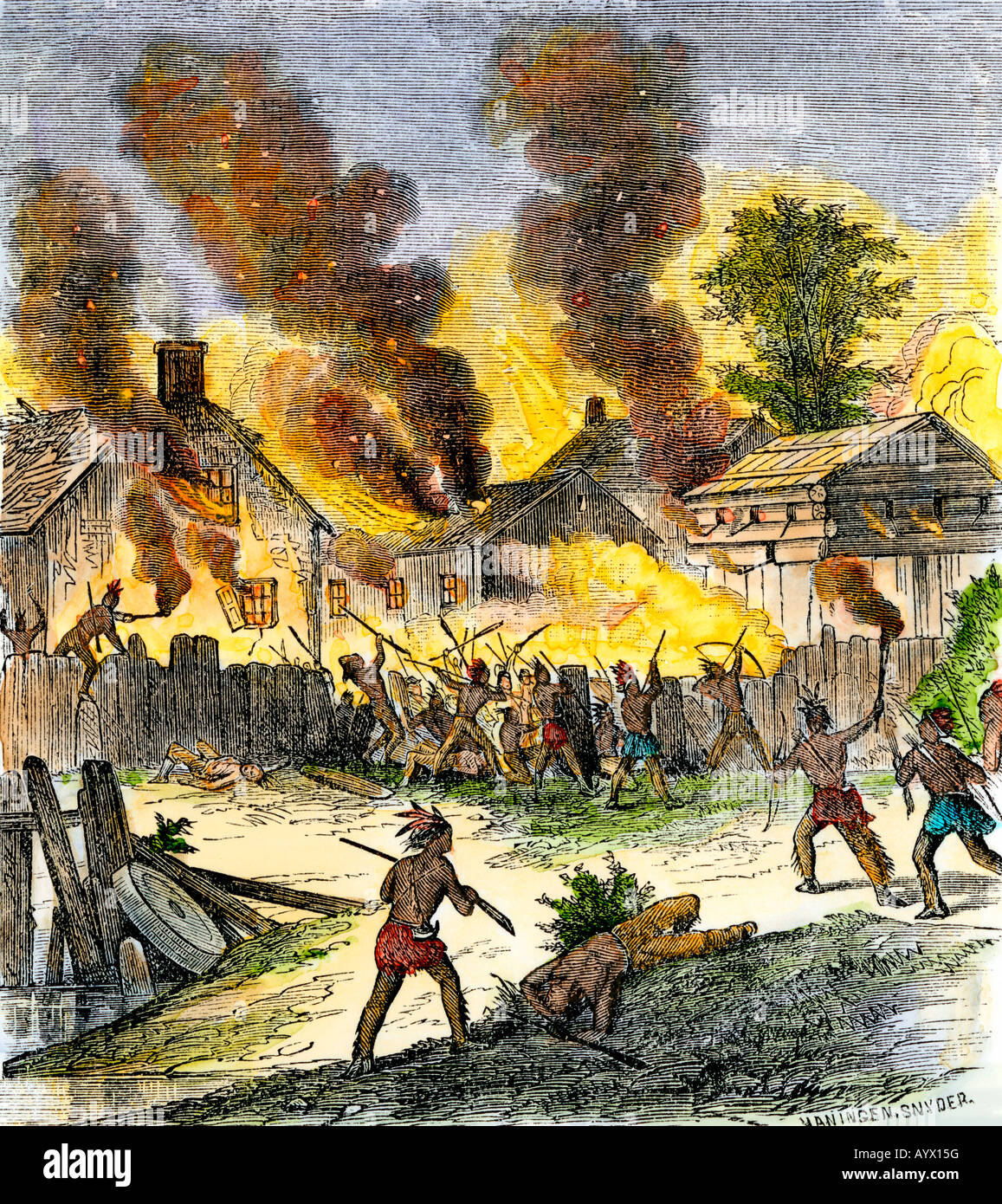 Brennen von Deerfield Massachusetts während eines Angriffs von Native Americans 1704. Hand - farbige Holzschnitt Stockfoto