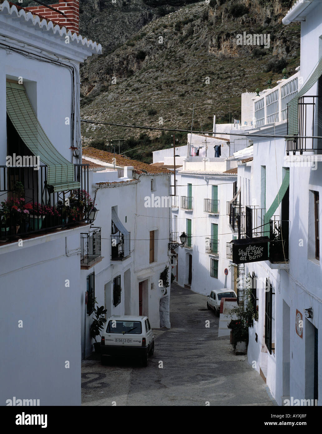 Enge Gasse, Weisse Haeuser, Weisse Stadt, Frigiliana, Malaga, Andalusien Stockfoto