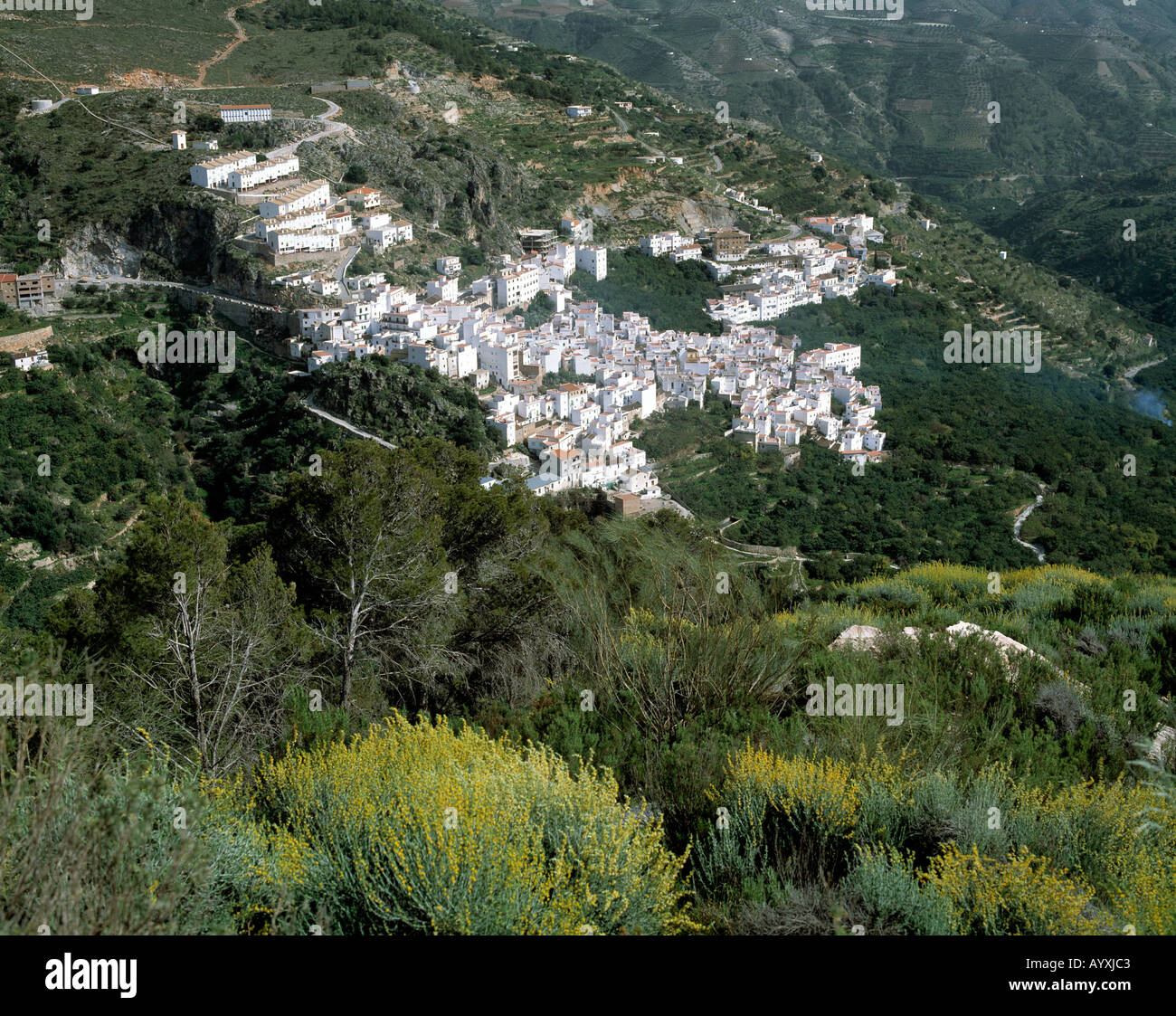 Berglandschaft, Stadt am Berghang, Weisse Haeuser, Weisse Stadt, Otivar, Granada, Andalusien Stockfoto