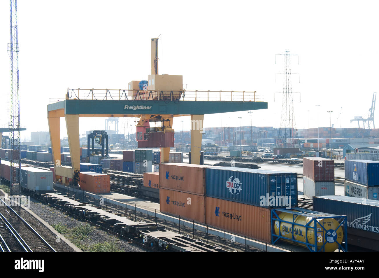 Container auf Eisenbahnwaggons Freightliner Terminals in Southampton Docks aufgehoben wird Stockfoto