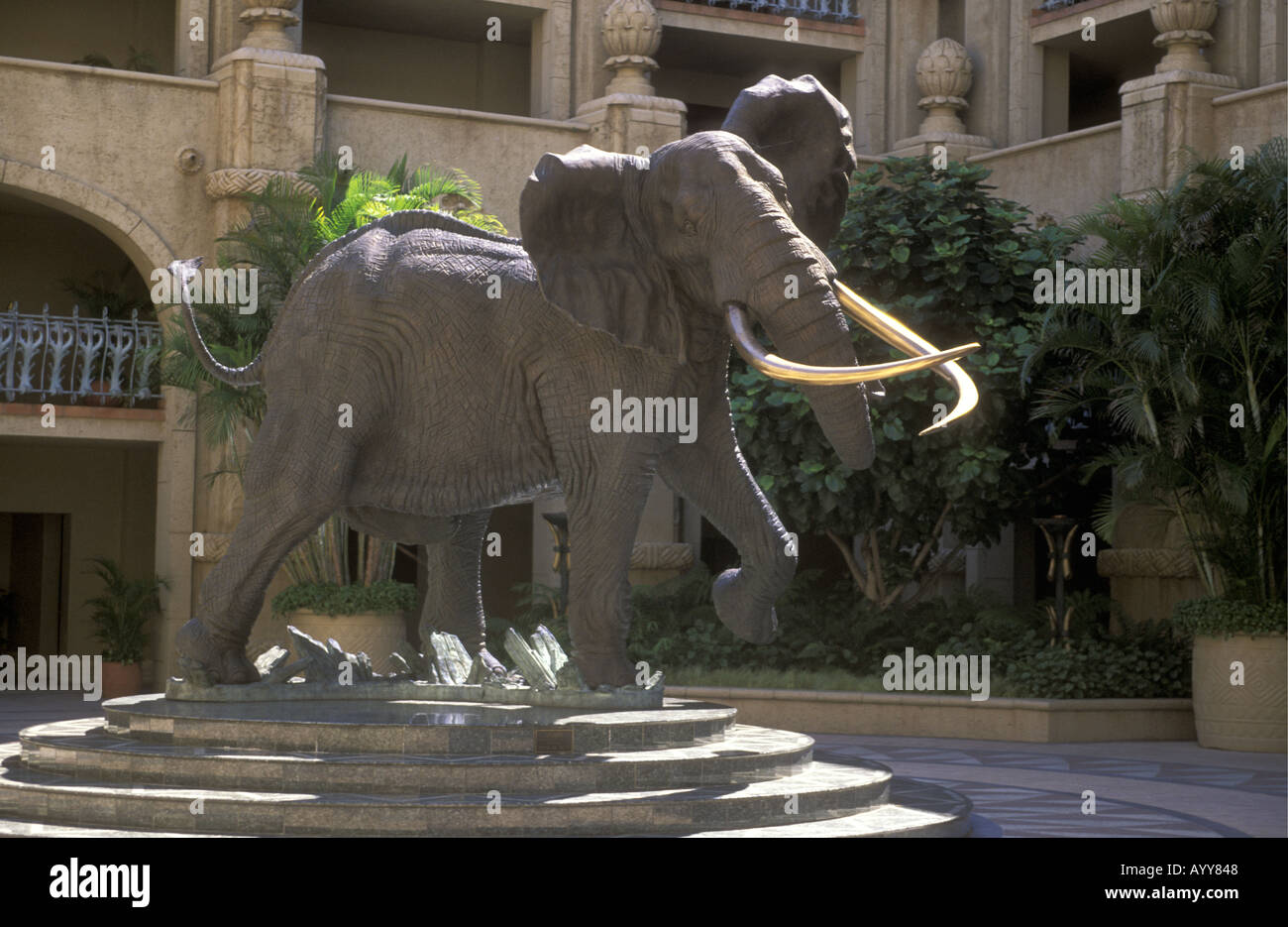Leben Größe Statue des afrikanischen Elefanten an der Lost City Komplex Sun City South Africa Stockfoto