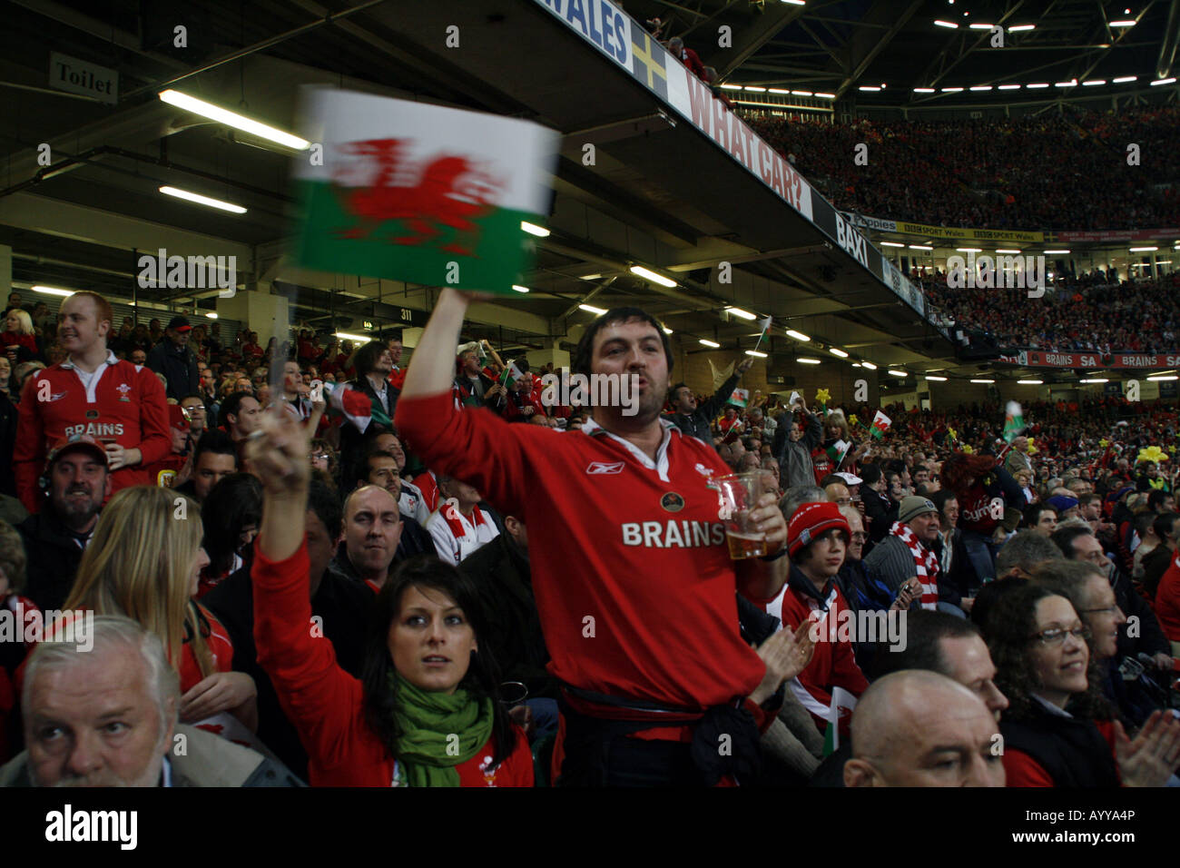 Welsh unterstützen am Millenium Stadion Cardiff Wales v Frankreich, Grand-Slam-Tag für die Waliser, 2008 Stockfoto