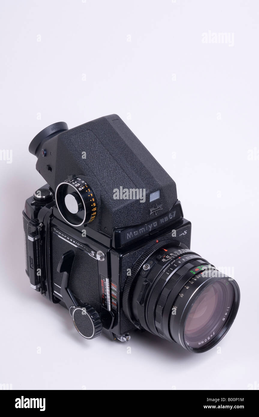 Mamiya RB67 Medium-Format-Kamera mit dosierte Prisma Kopf und rotierenden Rücken- und Objektiv attatched Stockfoto