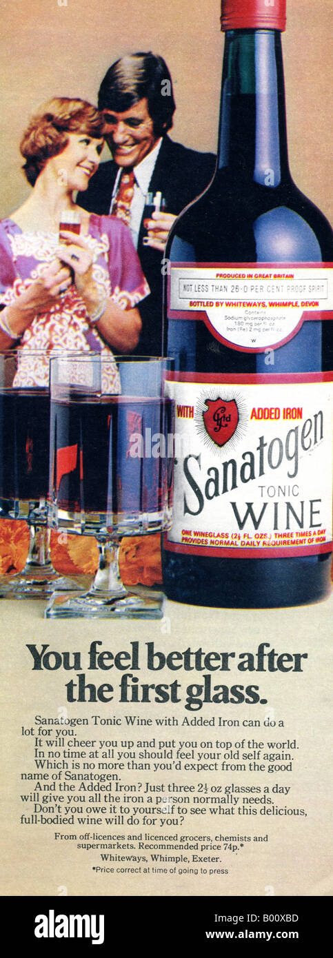 1970er Jahre Magazin Werbung für Sanatogen Tonic Wein von Gastgeberin von Exeter 1973 für nur zur redaktionellen Nutzung Stockfoto