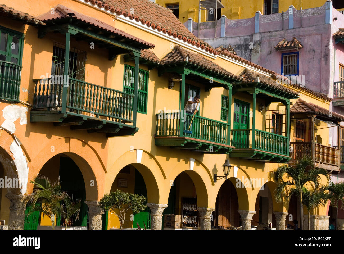 Häuser am Plaza de Los Coches Cartagena de Indias, Kolumbien Stockfoto