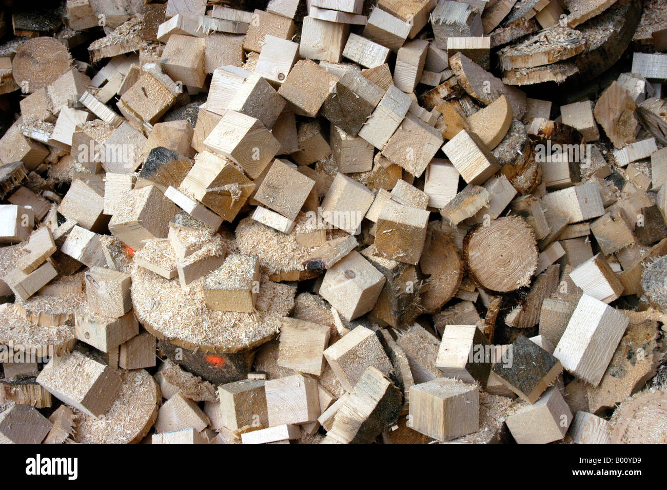 Rest-Holz aus dem Wald im Sägewerk arbeiten Stockfoto