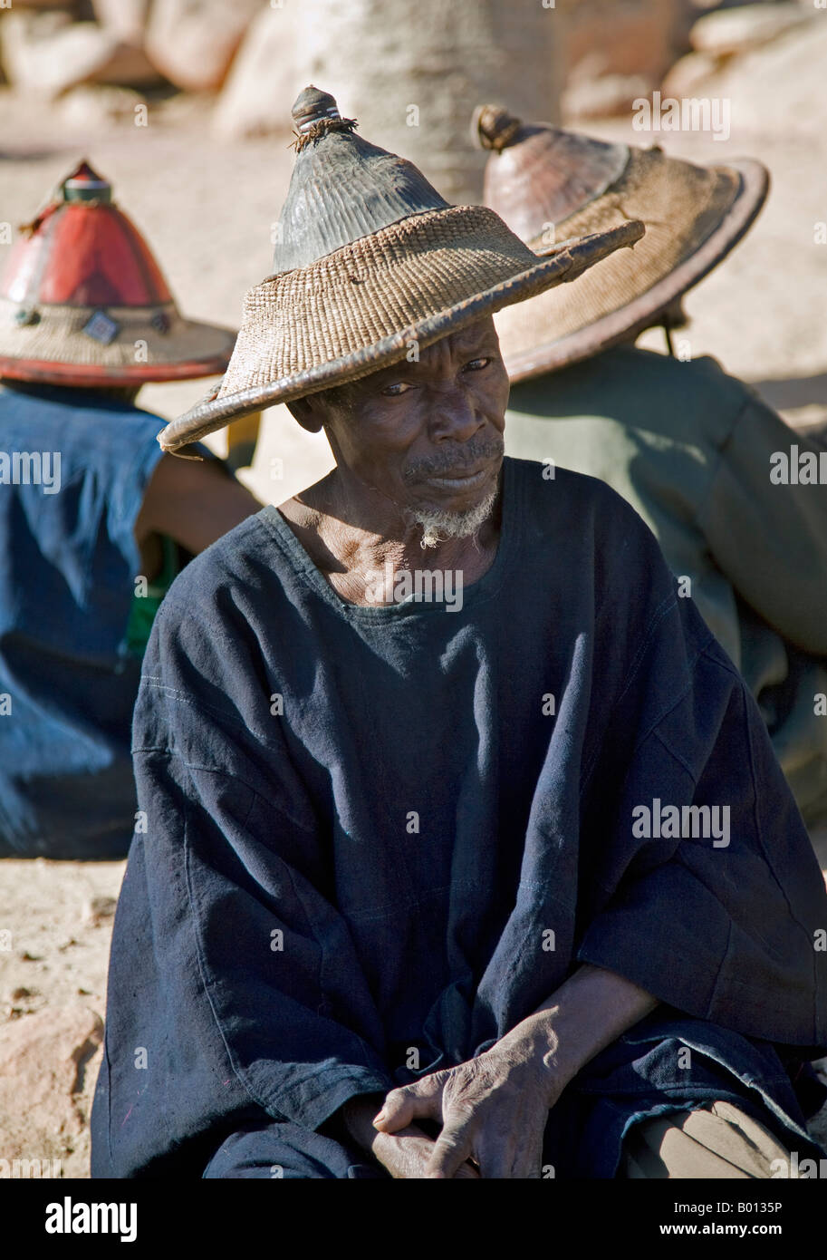 Mali, Dogonland, Tereli. Die Dorfältesten von Tereli in indigo Tracht warten für den Start von einem Maskentanz. Stockfoto