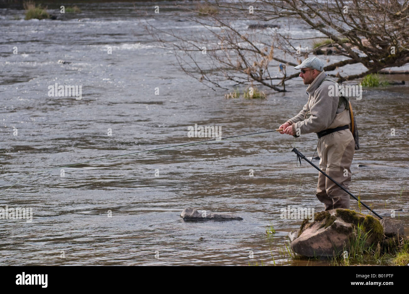 Angeln Autor Journalist und Kommentator Charles Rangeley Wilson Fliegenfischen für Bachforellen am Fluss Usk in Gliffaes Stockfoto