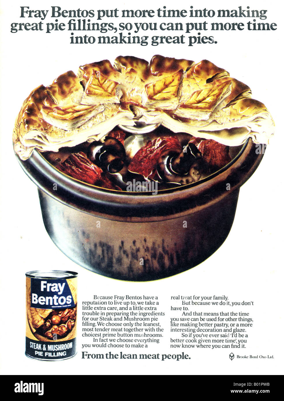 1970er Jahre Magazin Werbung für Fray Bentos Steak & Pilz Pie Füllung von Brooke Bond Oxo Ltd 1973 für nur zur redaktionellen Nutzung Stockfoto