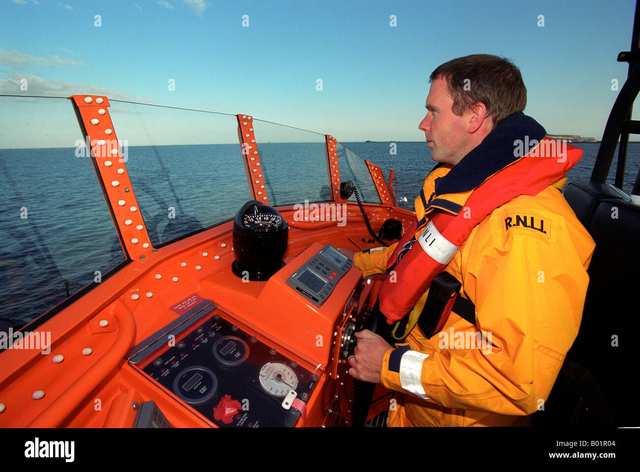 Steuermann der RNLI Lifeboat, England, UK Stockfoto