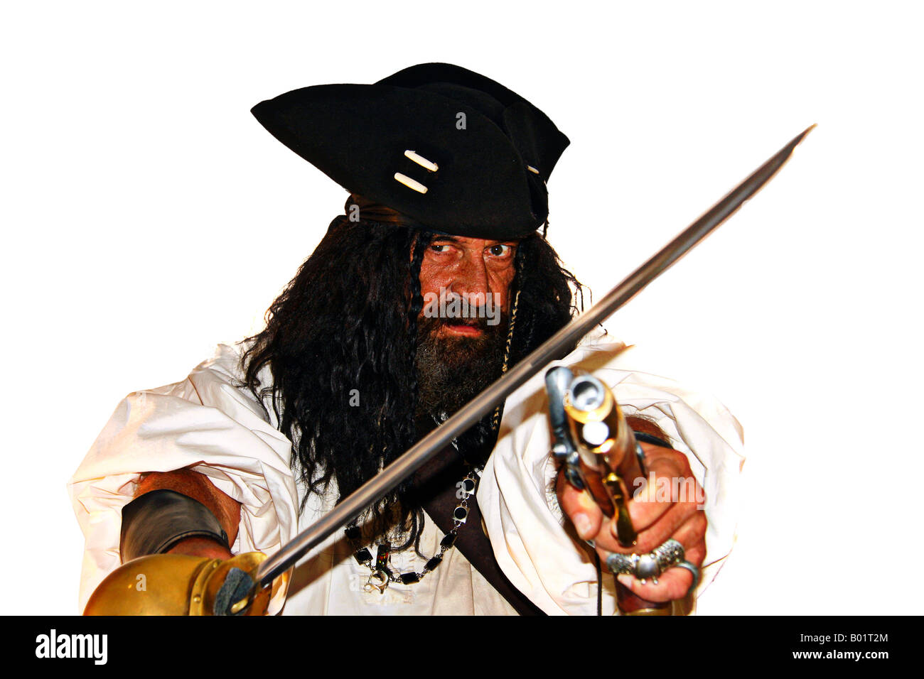Porträt eines bösartigen mittelalterlichen Piraten (isoliert auf weiss) Stockfoto