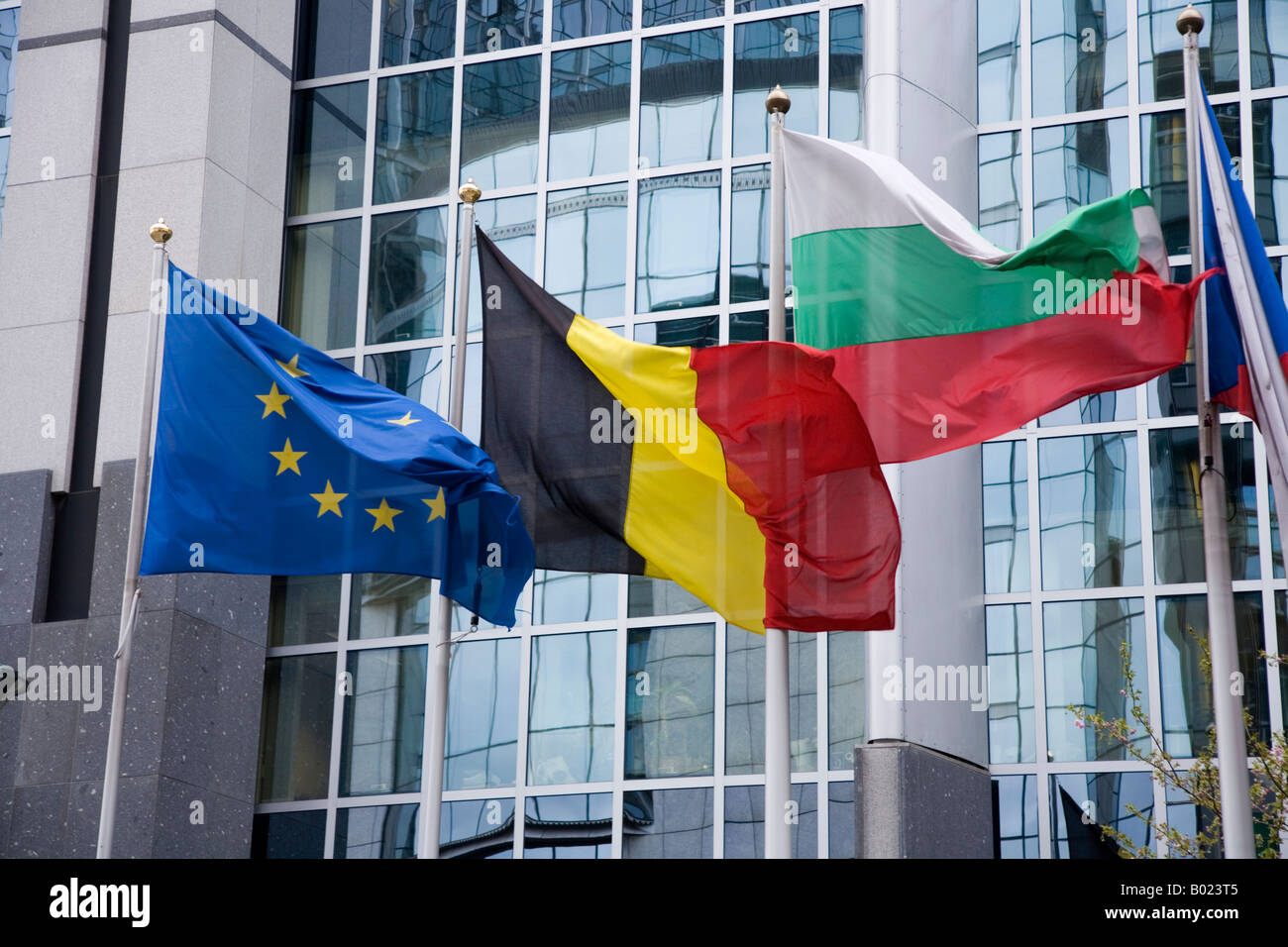 Europäischen und nationalen Flaggen der europäischen Nationen außerhalb der Spaak Gebäude, Europaparlament, Brüssel, Belgien. Stockfoto