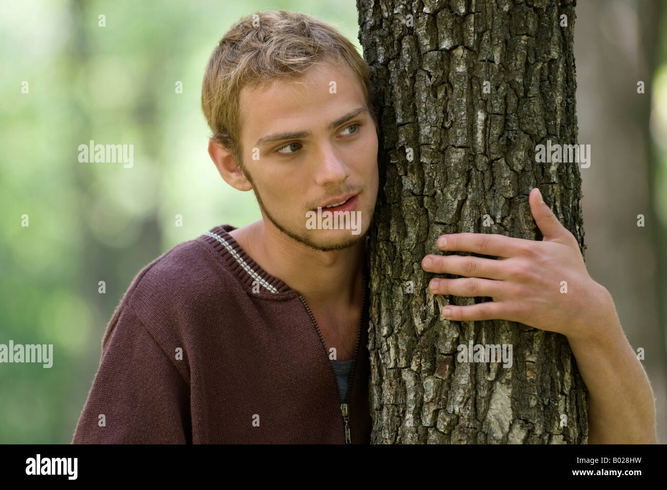 Porträt des jungen Mannes Baum umarmen Stockfoto