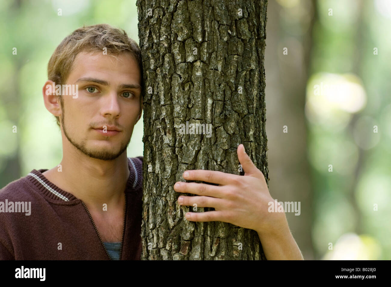 Porträt des jungen Mannes Baum umarmen Stockfoto