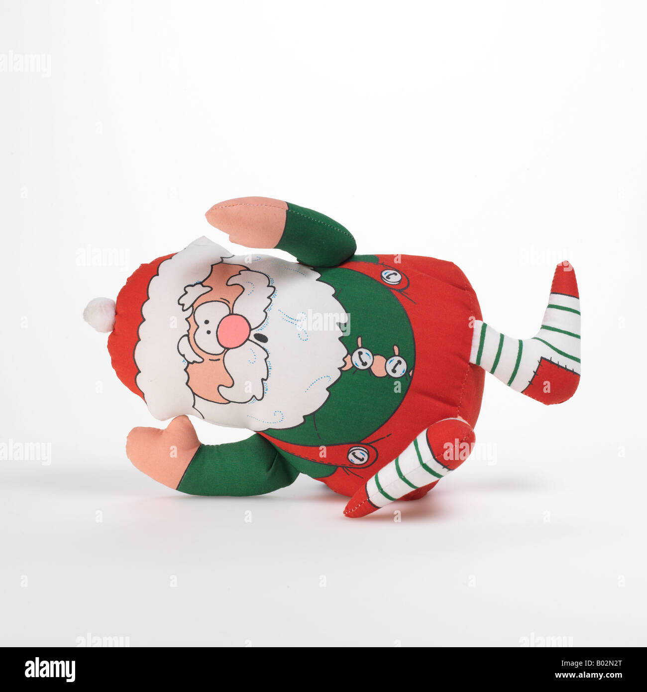 Santa Claus Weihnachten Elf Strumpf Spielzeug auf weißem Hintergrund Stockfoto