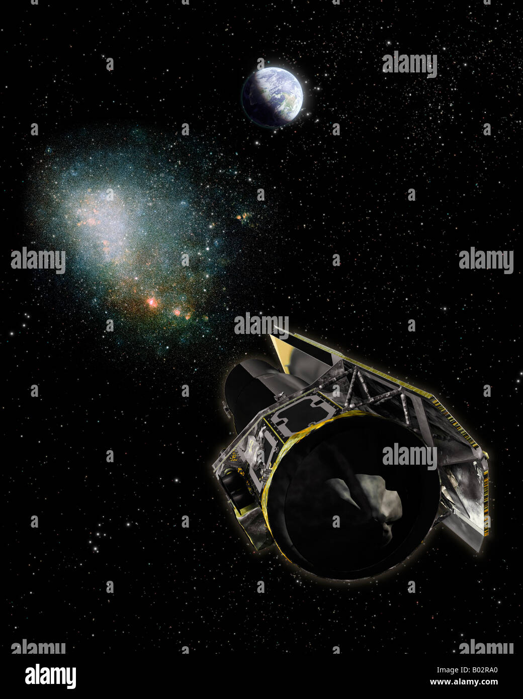 Spitzer Space Telescope, ein Satelliten-Galaxie und der Erde. Stockfoto