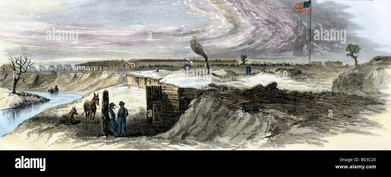 Soldaten graben in für den Winter am Fort Larned Kansas 1860. Hand - farbige Holzschnitt Stockfoto
