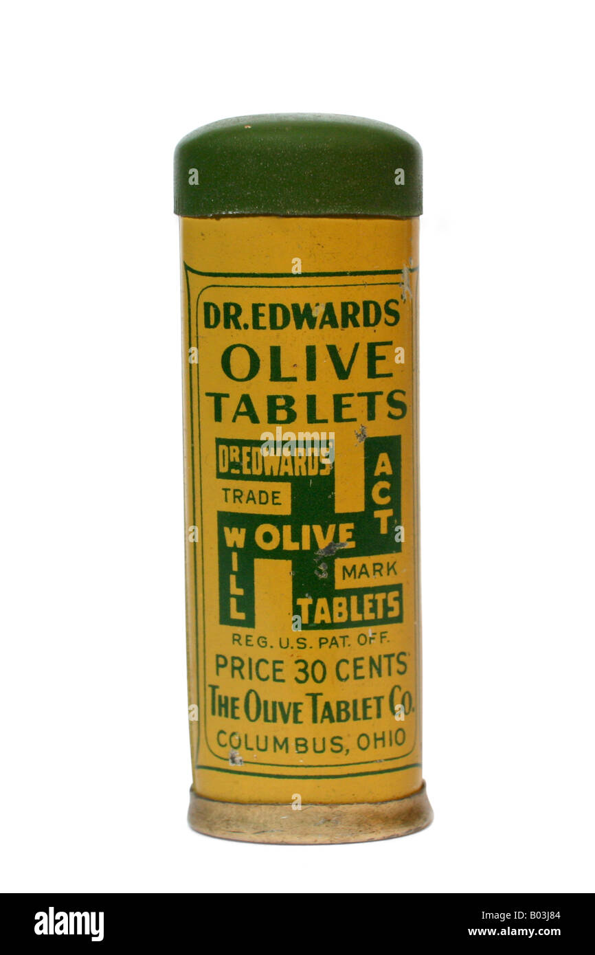 Ca. 1910er Jahre medizinische Zinn von Dr. Edwards Olive Tabletten (Abführmittel) mit einem Hakenkreuz auf der Vorderseite. Stockfoto