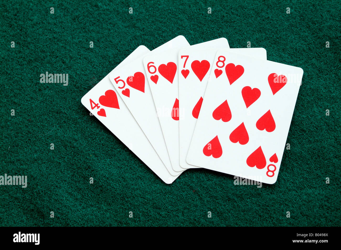 Poker Spielkarten ein Straight Flush eine Sequenz fünf Karten der gleichen Farbe Stockfoto