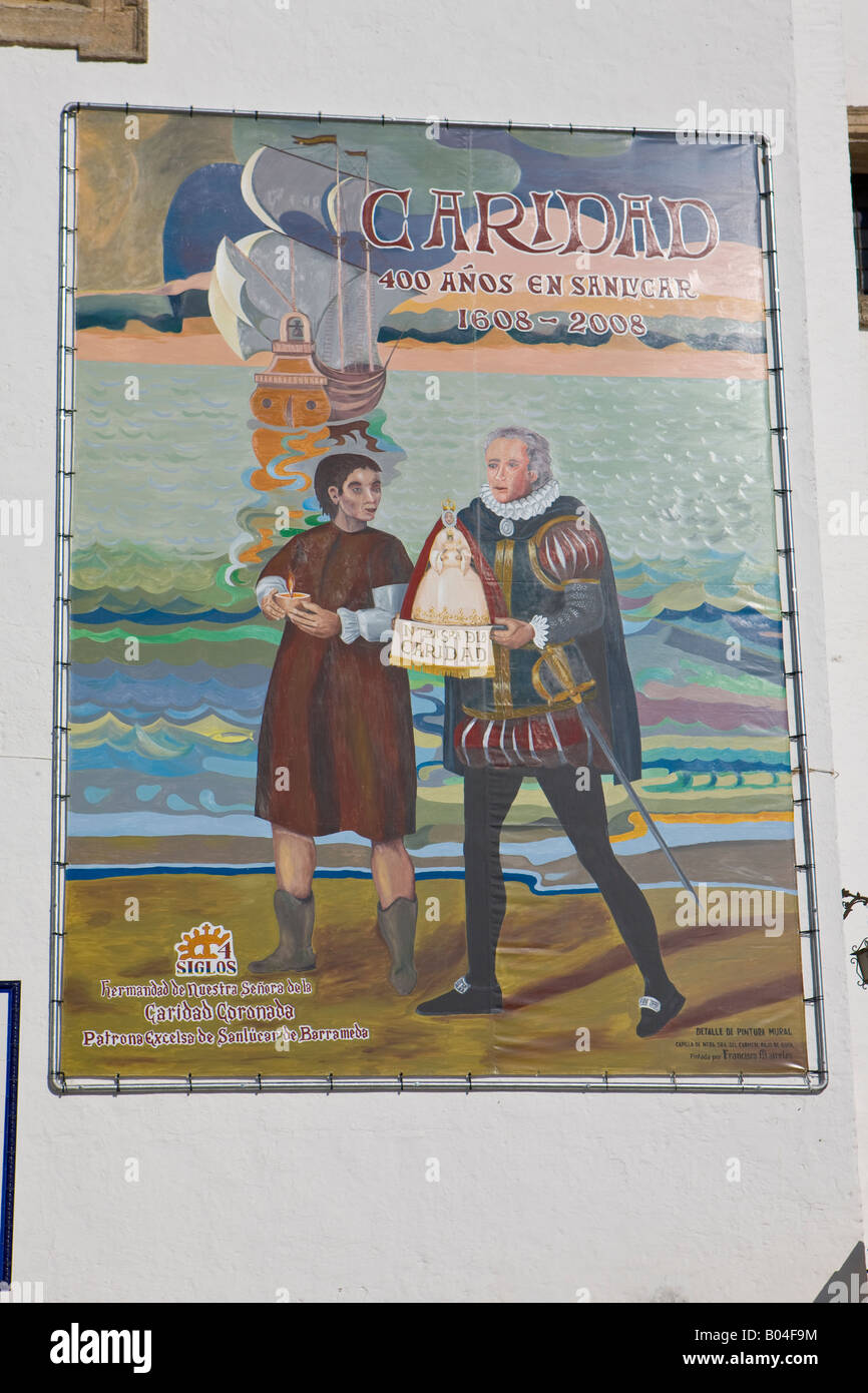 Schild an der Wand des Basilica Menor de Nuestra Senora De La Caridad Coronada (Kirche), in Sanlucar de Barrameda Stockfoto