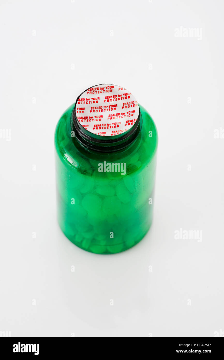 Flasche Pillen mit Sicherheitsaufkleber Stockfoto