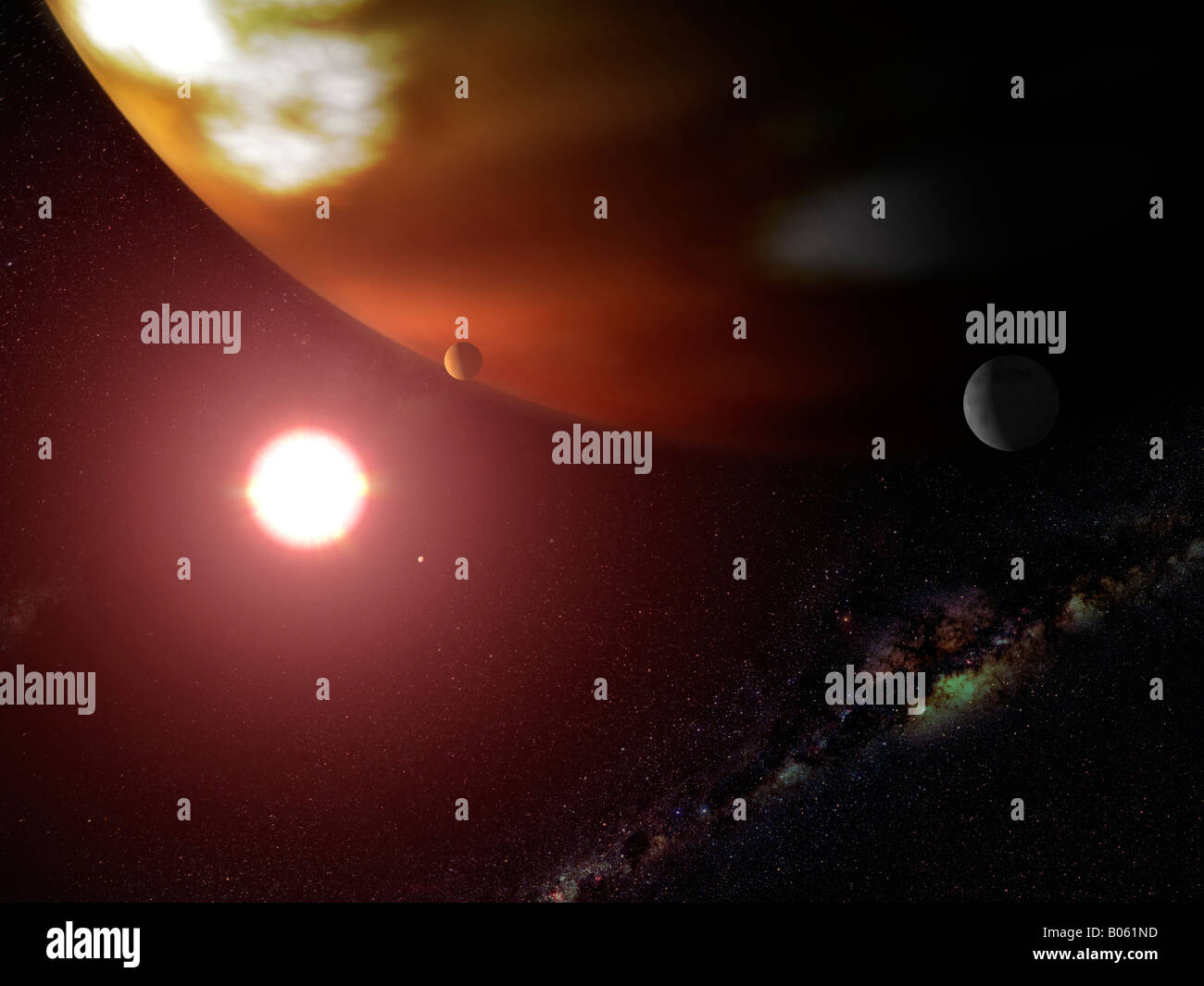 Ein Gas riesigen Planeten umkreist den roten Zwergstern Gliese 876. Stockfoto