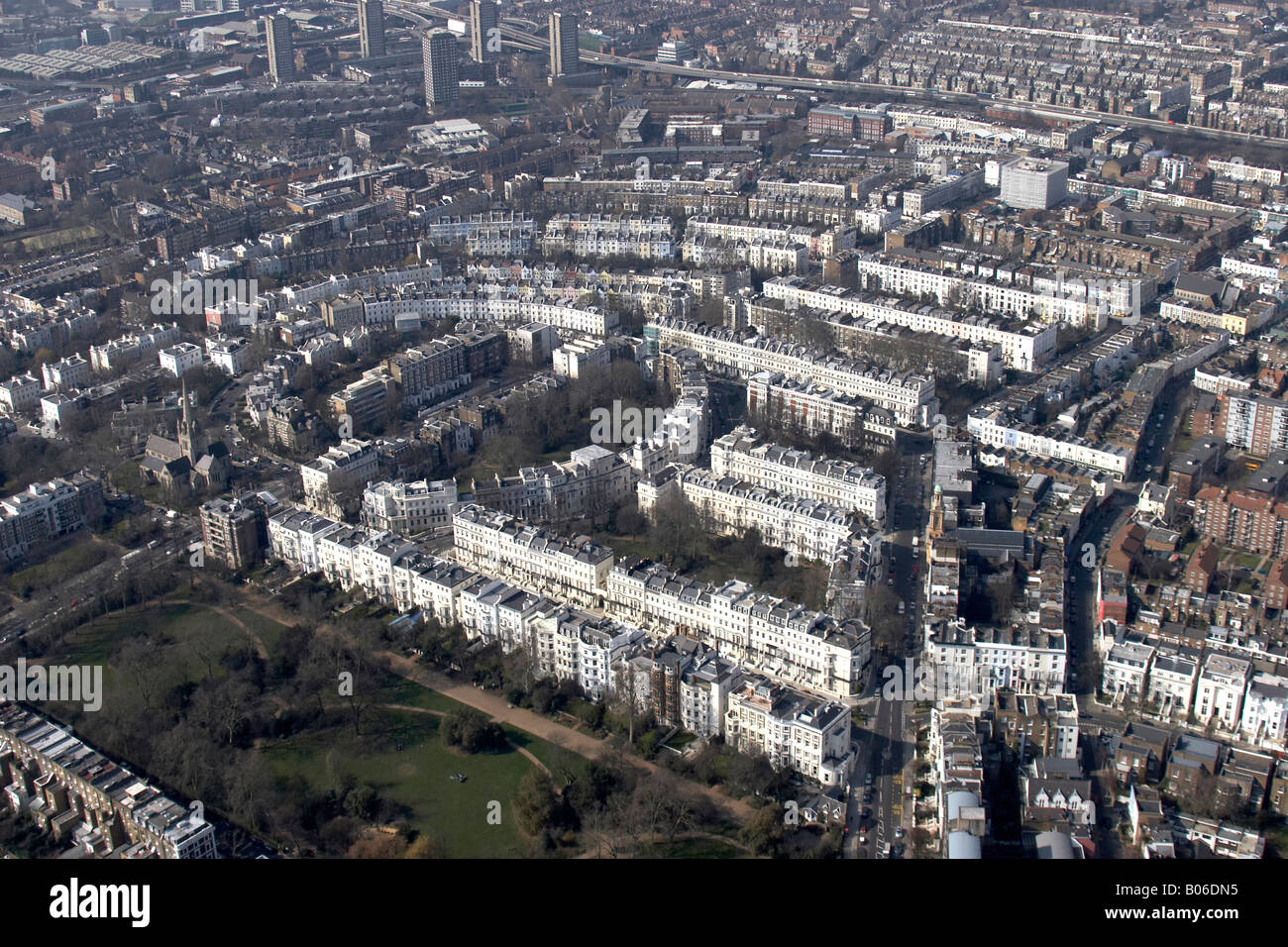 Luftbild Norden westlich von Ladbroke Square Gardens Lansdowne Halbmond städtischen Häuser Royal Borough of Kensington Chelsea London W11 Stockfoto