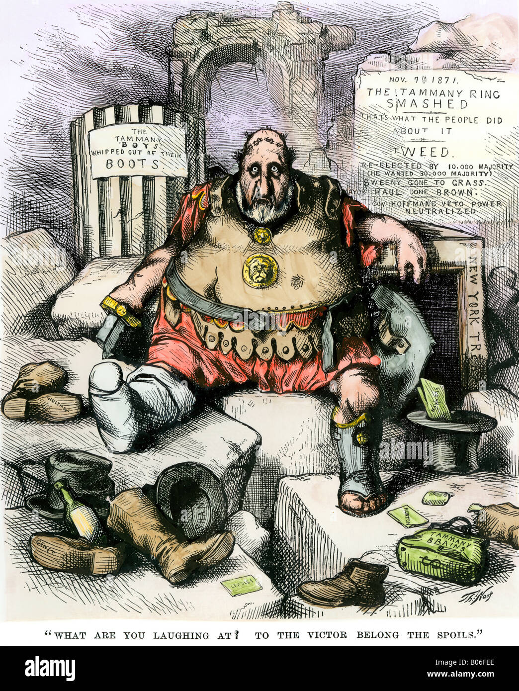 Dem Sieger gehört die Beute, ein Cartoon über Boss Tweed 1870. Hand - farbige Holzschnitt von Thomas Nast Cartoon Stockfoto