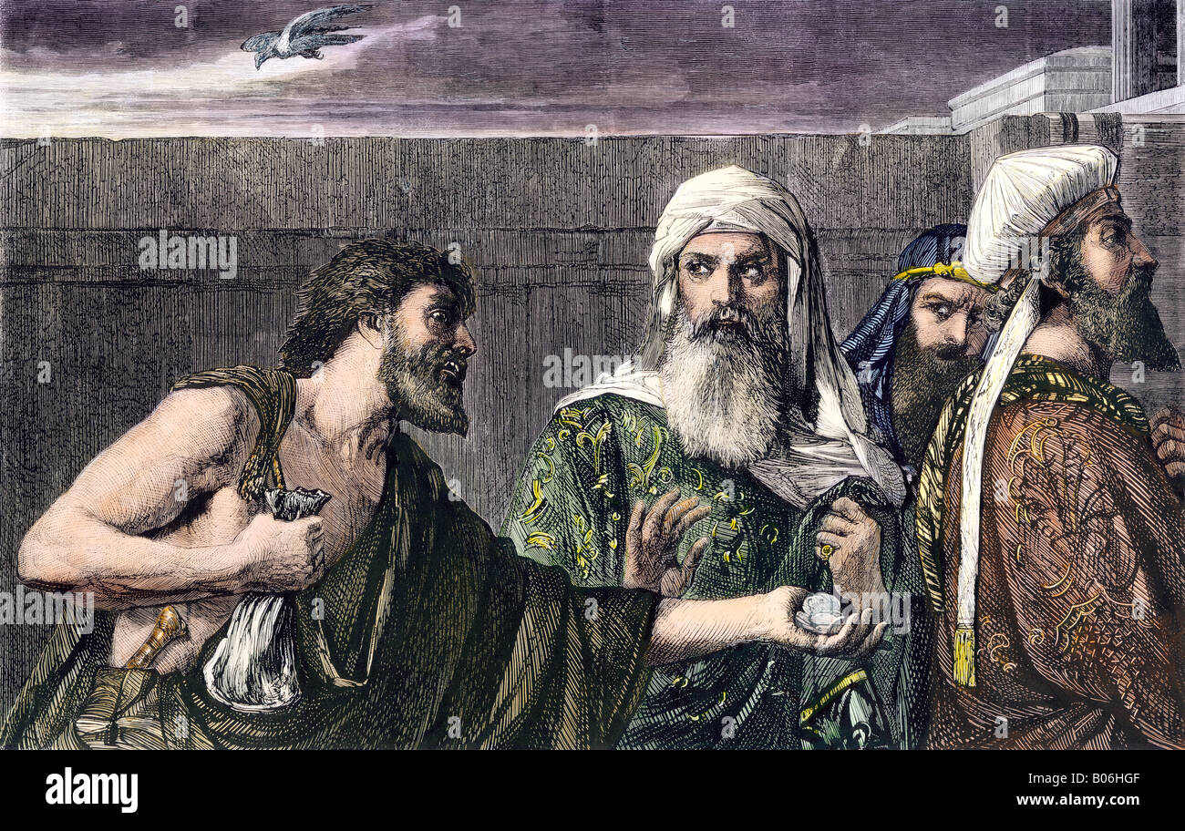 Reue des Apostels Judas nach seinem Verrat an Jesus. Hand - farbige Holzschnitt Stockfoto