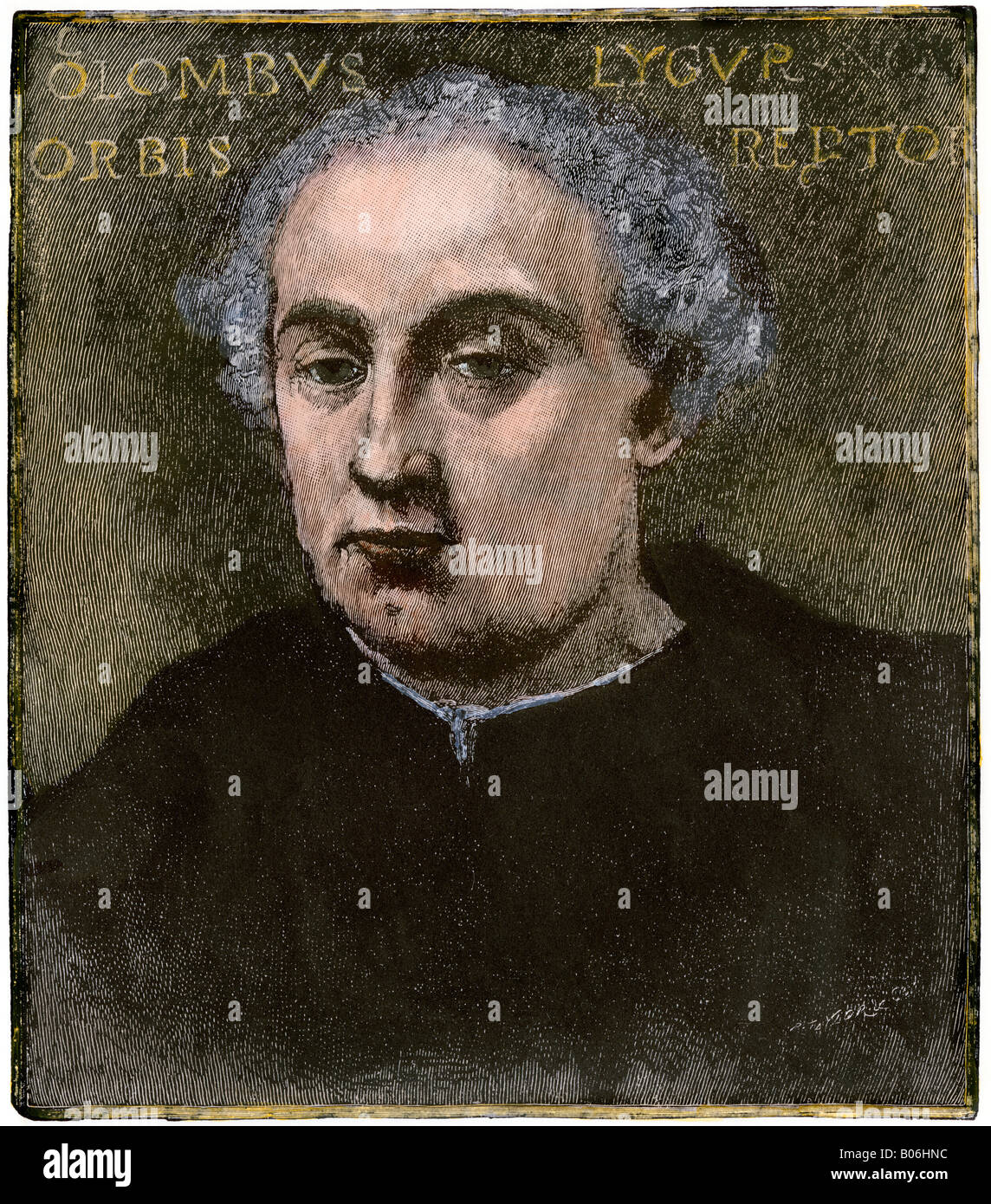 Portrait von Columbus in Italien im 19. Jahrhundert entdeckt. Hand - farbige Holzschnitt Stockfoto
