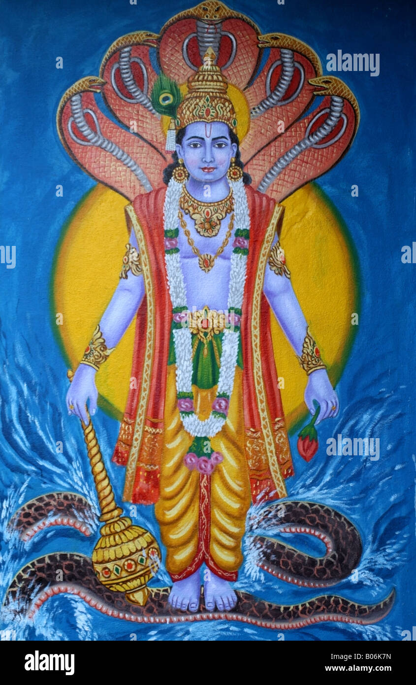 Wandbild auf Hindu-Tempelwand von Lord Vishnu, Indien Stockfoto