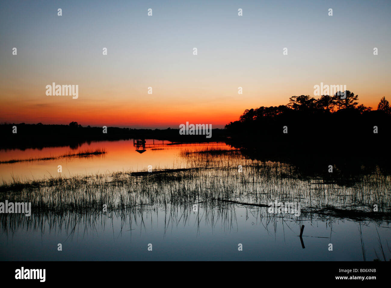 Sonnenuntergang über Küsten Flut Wohnungen, Edisto Island, South Carolina Küste Stockfoto