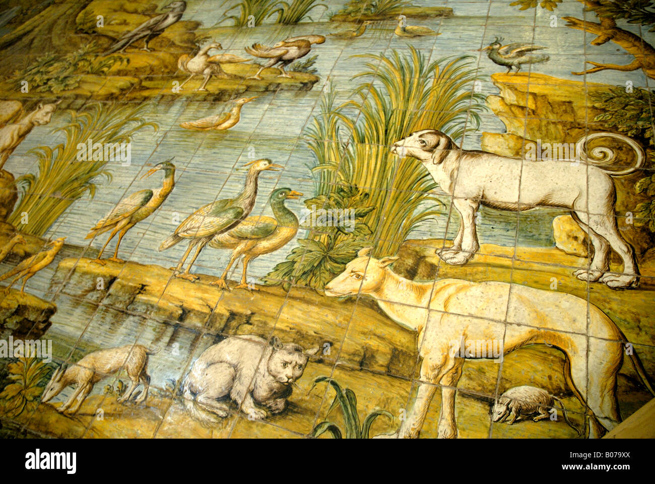 Keramische Fliesen, Darstellung der Vertreibung aus dem Garten Eden der Kirche von San Michele in Anacapri Stockfoto Keramische Fliesen, Darstellung der Vertreibung aus dem Garten Eden der Kirche von San Michele in Anacapri Stockfoto