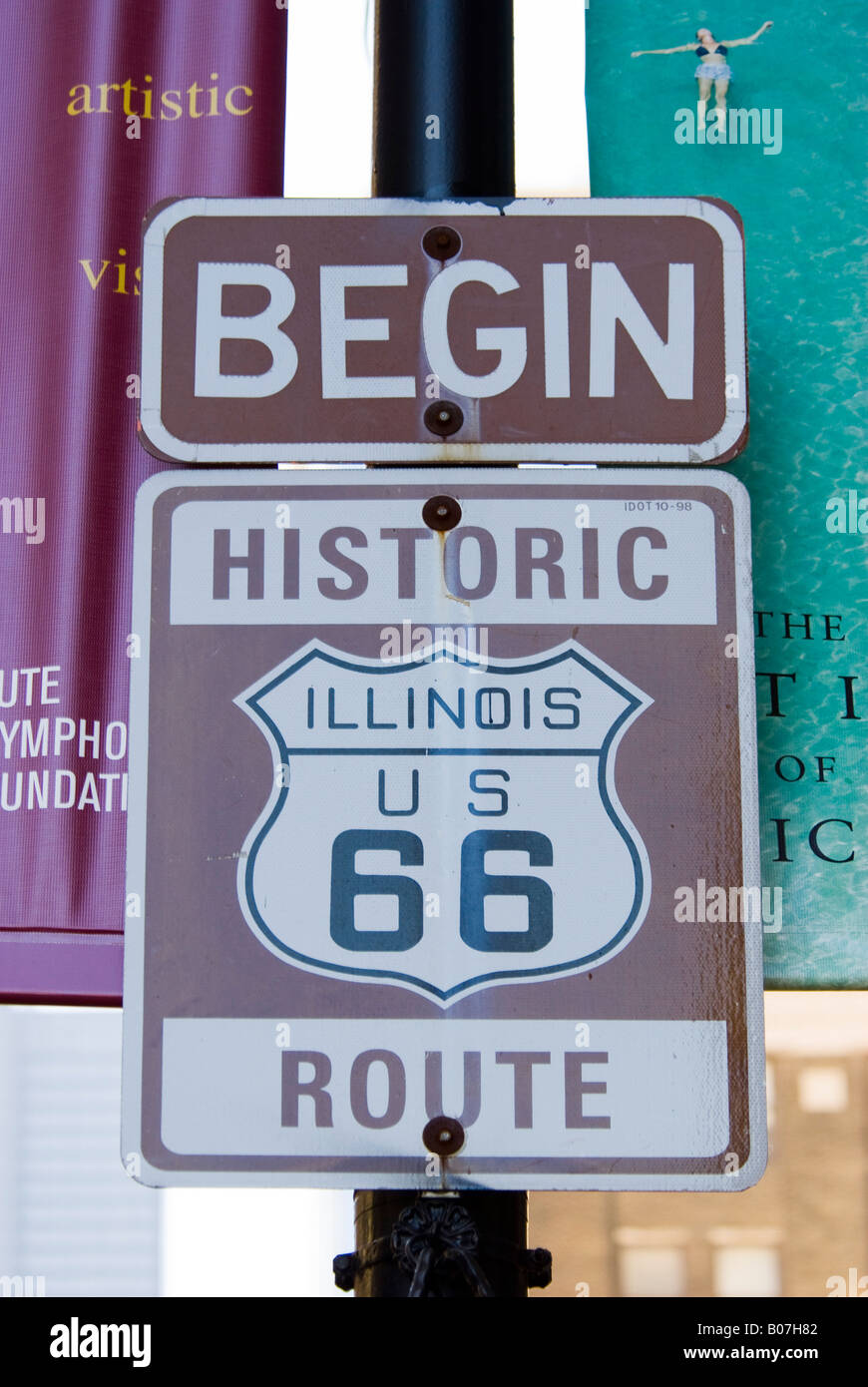 Melden Sie Anfang der Route 66, Route 66, Illinois, USA Stockfoto