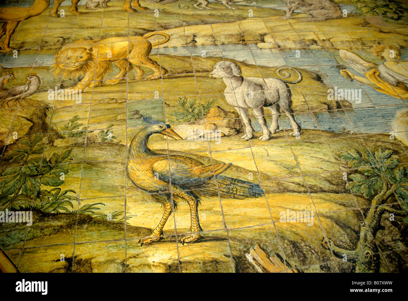 Keramische Fliesen, Darstellung der Vertreibung aus dem Garten Eden der Kirche von San Michele in Anacapri Stockfoto Keramische Fliesen, Darstellung der Vertreibung aus dem Garten Eden der Kirche von San Michele in Anacapri Stockfoto