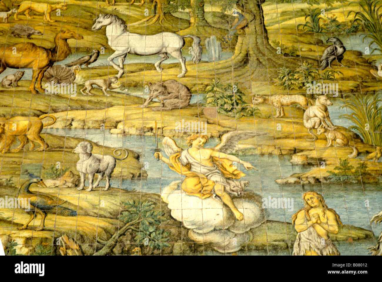Keramische Fliesen, Darstellung der Vertreibung aus dem Garten Eden der Kirche von San Michele in Anacapri Stockfoto Keramische Fliesen, Darstellung der Vertreibung aus dem Garten Eden der Kirche von San Michele in Anacapri Stockfoto