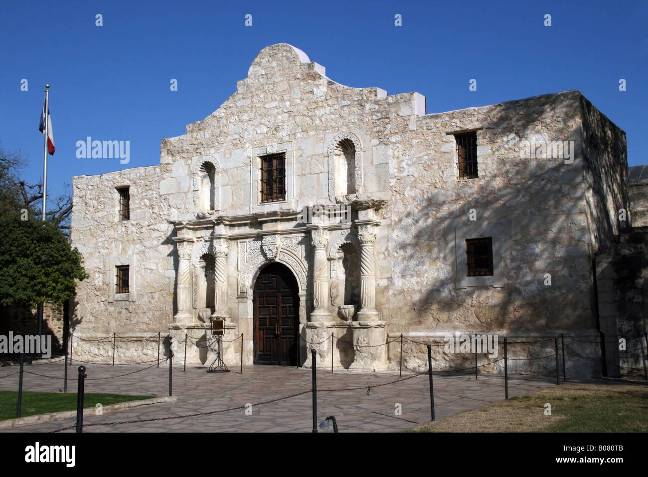 Die Vorderseite des Alamo in San Antonio, Texas Stockfoto