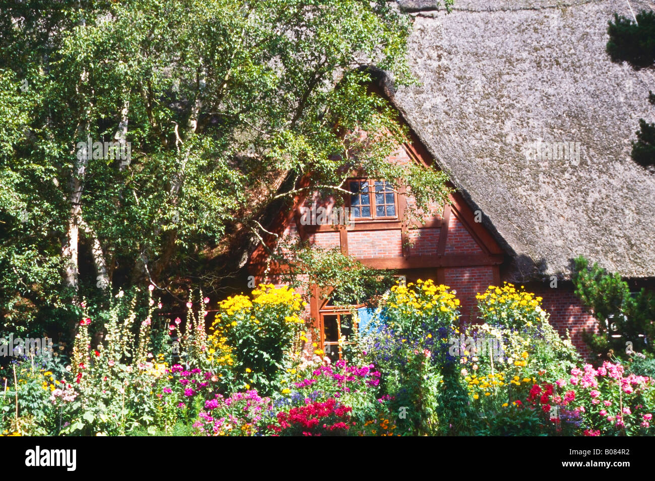 Ferienhaus hinter Blumenbeet Stockfoto