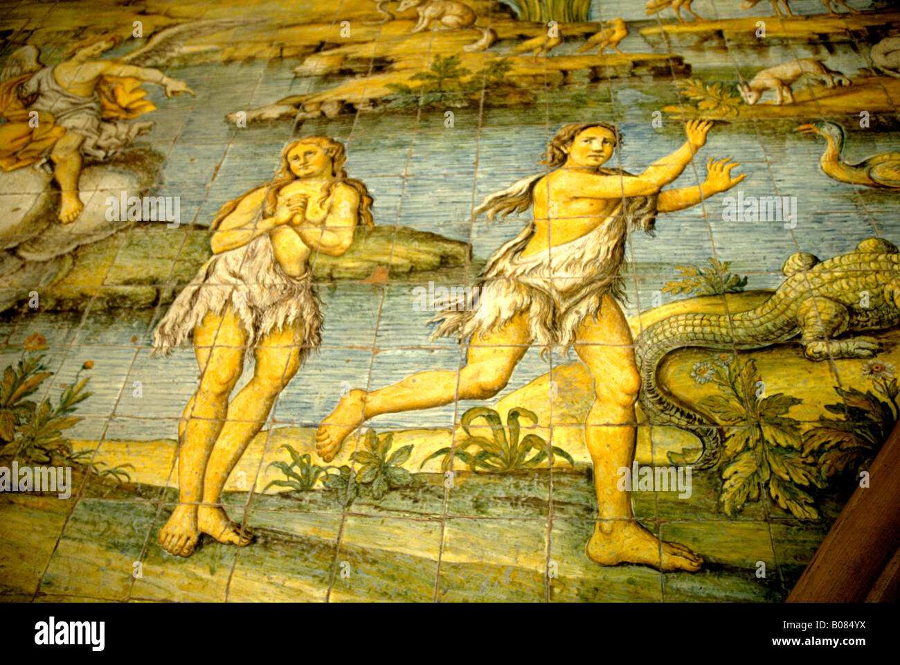 Keramische Fliesen, Darstellung der Vertreibung aus dem Garten Eden der Kirche von San Michele in Anacapri Stockfoto Keramische Fliesen, Darstellung der Vertreibung aus dem Garten Eden der Kirche von San Michele in Anacapri Stockfoto