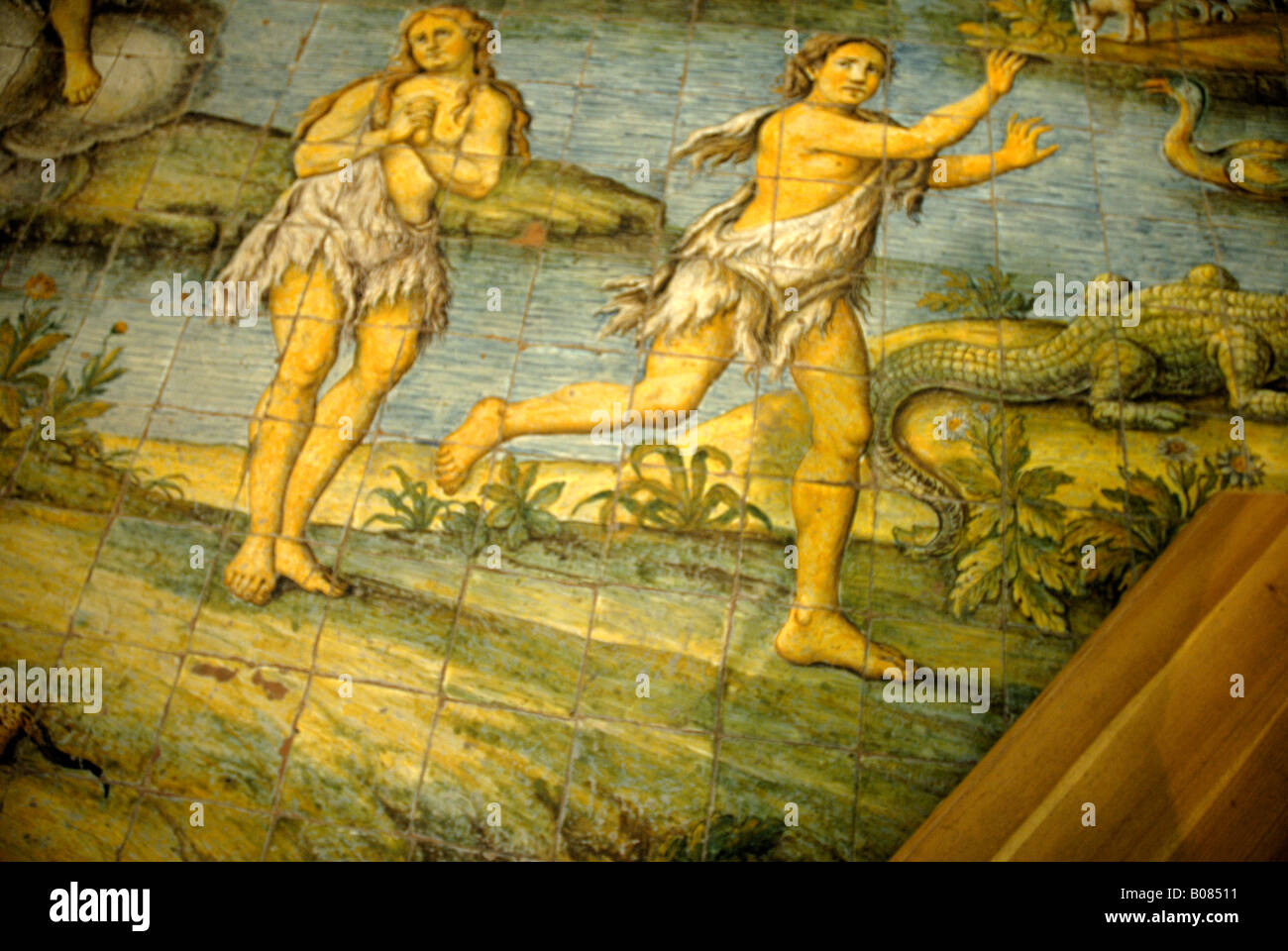 Keramische Fliesen, Darstellung der Vertreibung aus dem Garten Eden der Kirche von San Michele in Anacapri Stockfoto Keramische Fliesen, Darstellung der Vertreibung aus dem Garten Eden der Kirche von San Michele in Anacapri Stockfoto