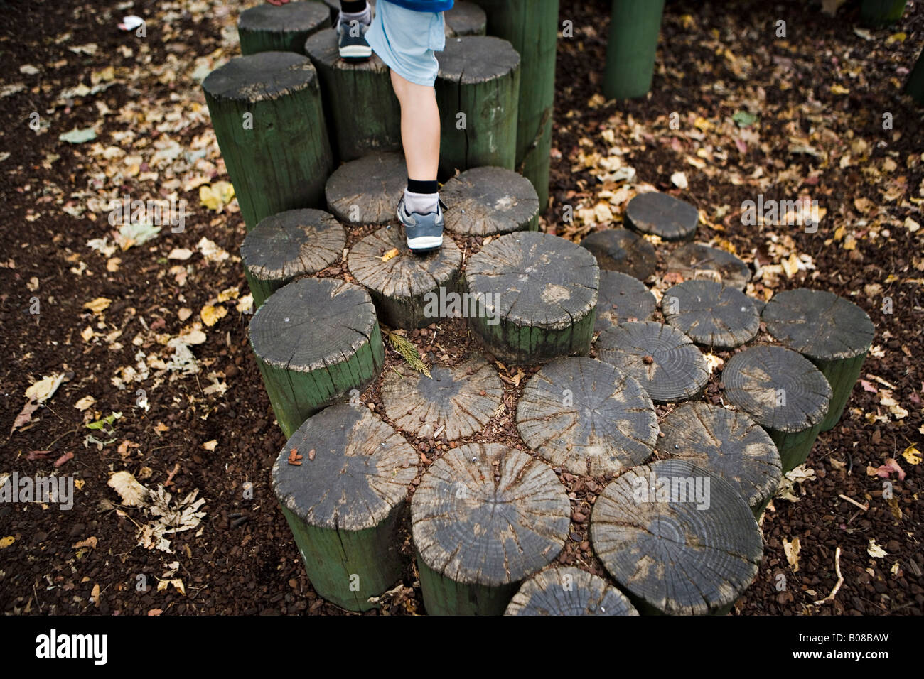 Holzscheite in ein Abenteuer-Spielplatz in den Boden, um Form Schritte gesetzt Stockfoto
