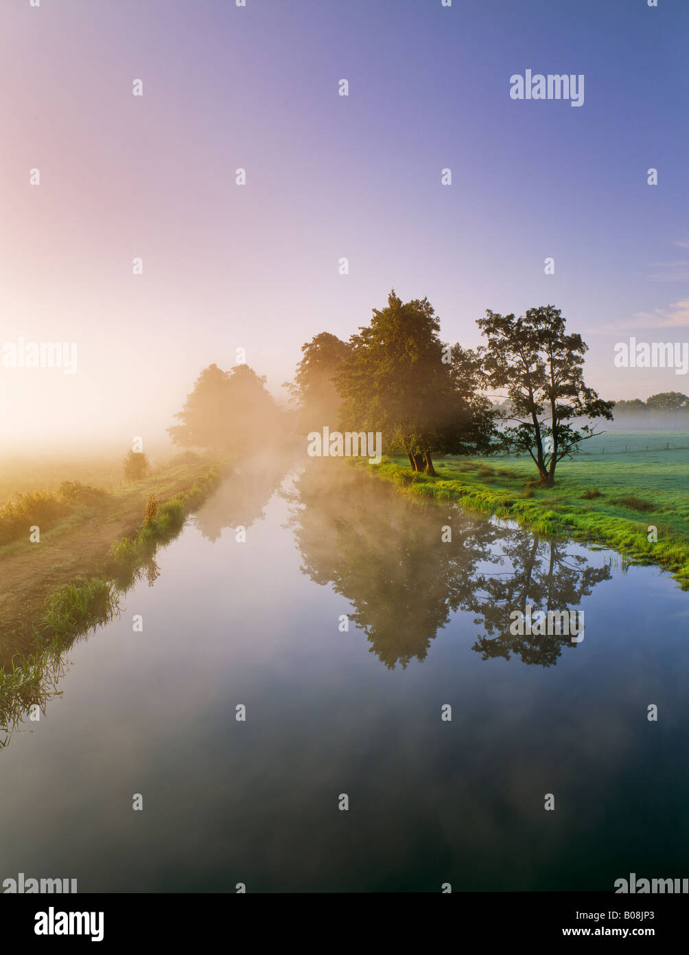 Fluss Wey Navigation auf senden in der Nähe von Guildford, Surrey, UK. Misty Herbst Dawn. Stockfoto