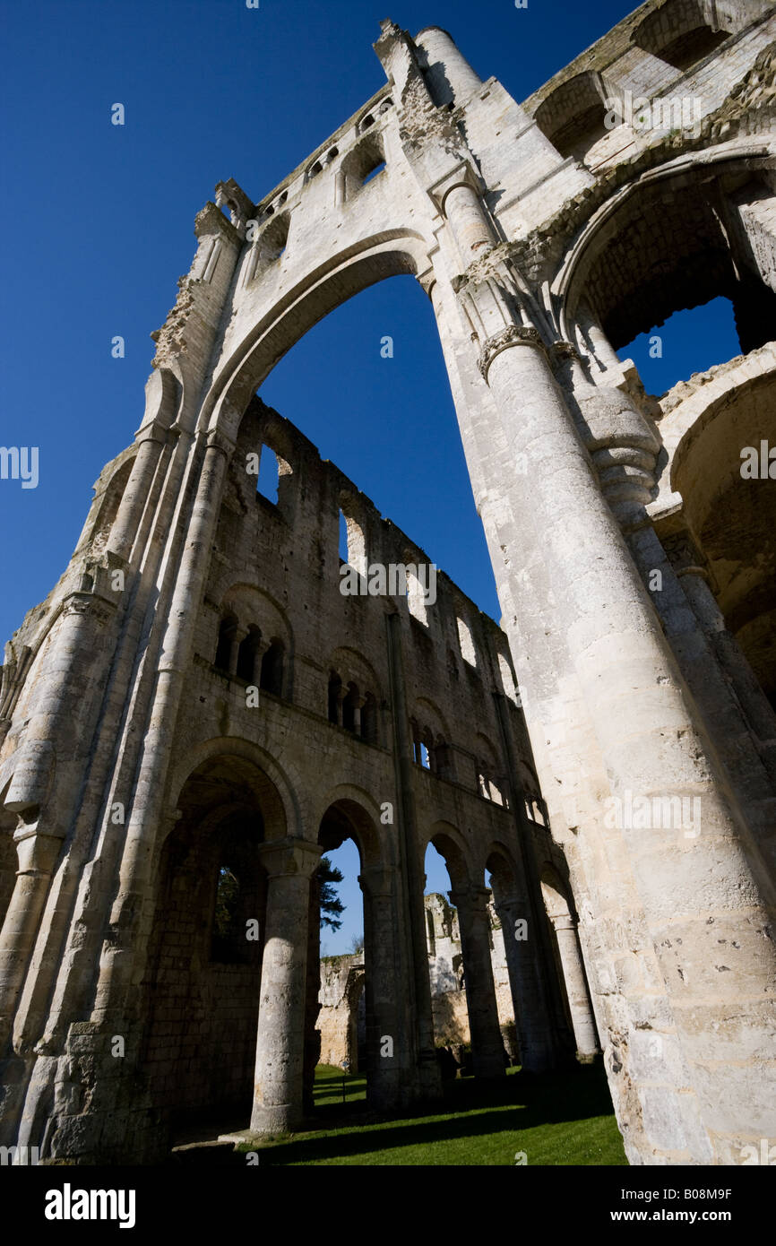Pfeiler und Säulen des alten alten zerstörten Benediktinerklosters Ruinen der Abbaye de Jumièges in Jumieges Normandie Frankreich Stockfoto