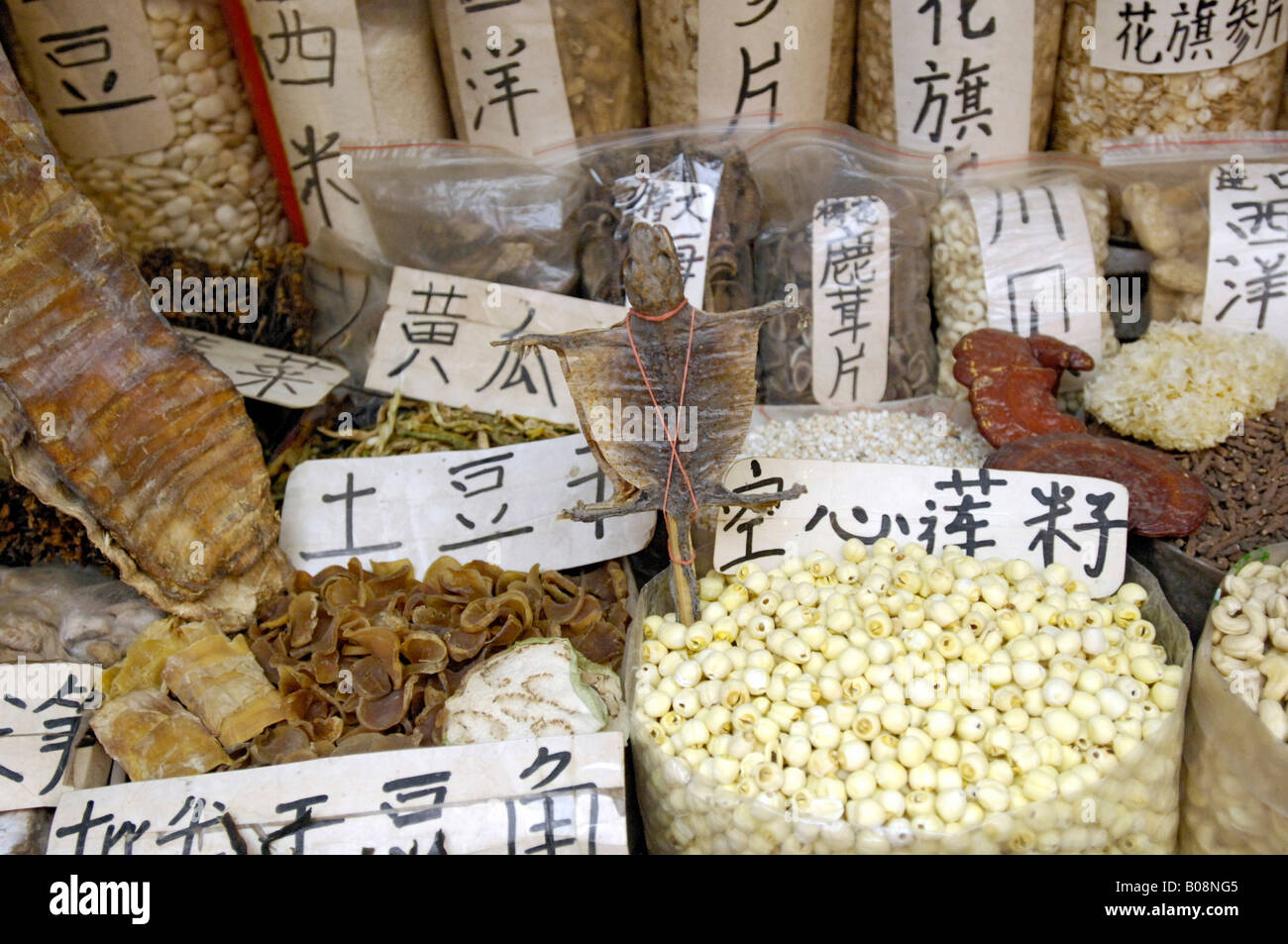 Säcke aus getrocknetem Fisch, Nüssen und Bohnen auf einem Markt in Xián, Shaanxi, China, Ostasien Stockfoto