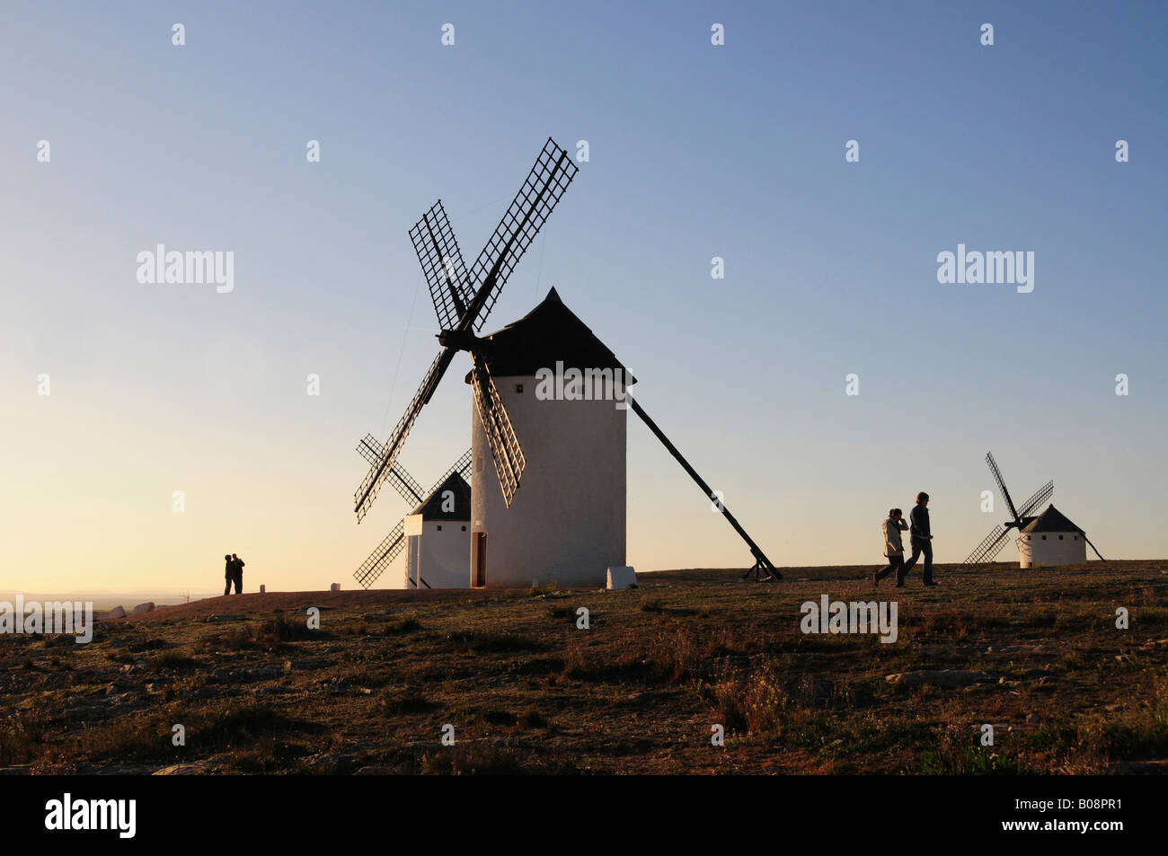 Windmühlen im Nachmittag Licht, Campo de Criptana, Region Kastilien-La Mancha, Spanien Stockfoto