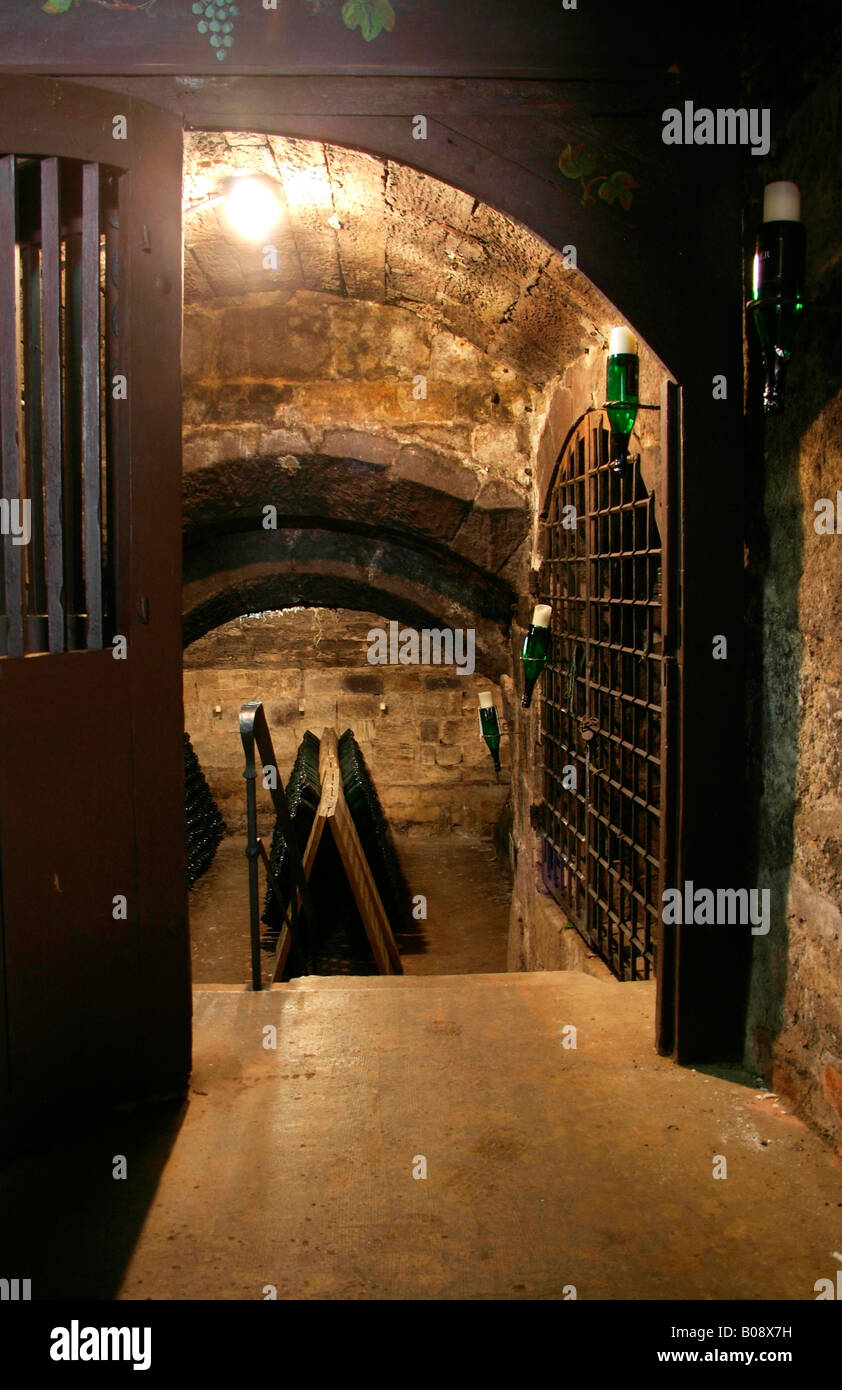 Eingang zu einem alten Gewölbekeller, verwendet für die Speicherung und Vergärung von Champagner, Kessler Sekt Weingut, Esslingen, Baden-Württemberg Stockfoto